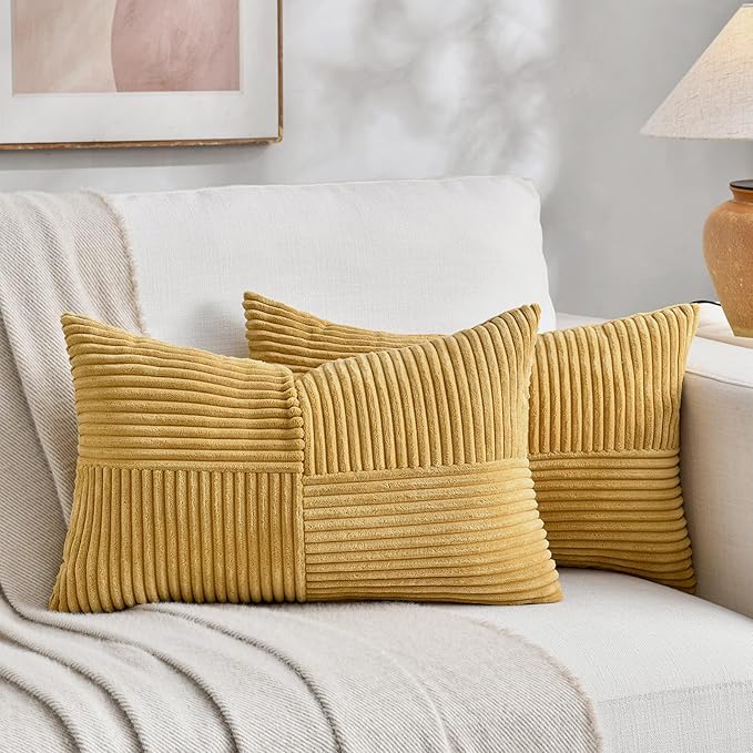 Fancy Homi 2 Packs Mustard Yellow Lumbar Decorative Throw Pillow Covers 16x32 Inch for Living Room Couch Bed, Rustic Farmhouse Boho Home Decor, Soft Striped Corduroy Rectangle Accent Cushion Case
