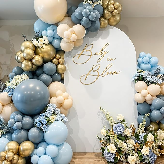 Dusty Blue Balloons 12 Inch Pastel Fog Blue Slate White Sand Metallic Gold Confetti Party Balloons Light Baby Blue White Gold Latex Balloon for Boy Baby Shower Birthday Wedding Party Decoration