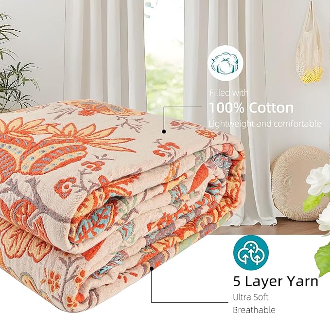 Boho Throw Blanket for Bed - 100% Pure Cotton Ultra Soft Rustic Quilt - Farmhouse Decor Bed Blankets, All Season Rustic Throw for Sofa Couch Chair(91''x 98'', Floral)
