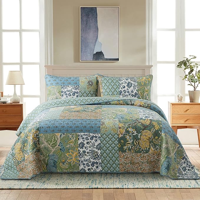 NEWLAKE Cotton Patchwork Bedspread, 3-Piece Bedding Quilt Set with Real Stitched Embroidery, Reversible Matelasse Bed Coverlet Set,Green Farmhouse Garden,King Size