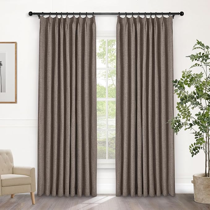 Macochico Pinch Pleated Blackout Curtains 102 Inches Long 100% Light Blocking Light Coffee Linen Drapes for Bedroom Living Room Farmhouse Shabby Chic Burlap Curtains with Tieback 72”Wx102”L 1 Panel
