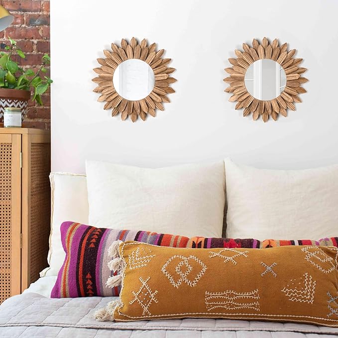 Honiway Boho Wall Decor Mirror 2 Pack Rustic Wood Mirror 12 inch Boho Mirror Home Decor Farmhouse Room Decorations for Bedroom Living Room Carbonized Black