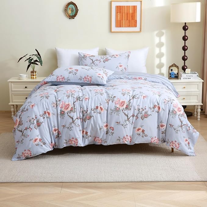ABREEZE Floral Duvet Cover King Size Set Bird Flowers Bedding Set 100% Brushed Cotton Bedding Collection 1 Duvet Cover with 2 Pillowcases Grey