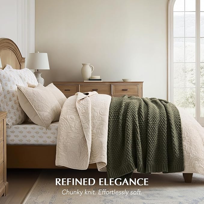Chunky Chenille Knit Throw Blanket for Couch, Soft Luxurious Moss Stitch Blankets for Bed, Cozy Decorative Farmhouse Knitted Throws for Sofa, Olive Green, 60" x 80"
