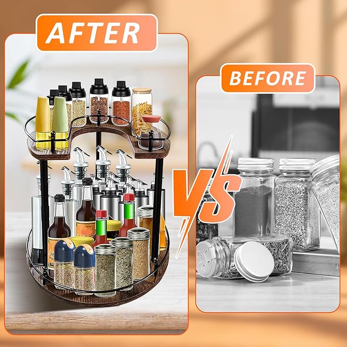 2-Tier Lazy Susan Organizer, Rotating Spice Rack with Stable Carousel Base & 4 Height Settings, Spice Rack Organizer for Cupboard Kitchen Countertop Dining Table