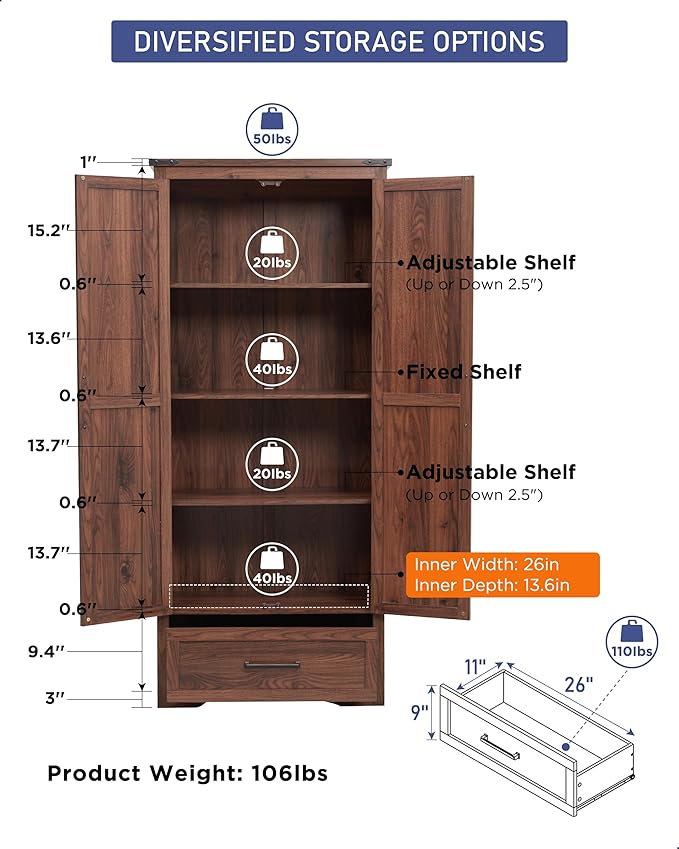 JXQTLINGMU Farmhouse Kitchen Pantry Cabinet - 72" Tall Wood Kitchen Storage Cabinets with Adjustable Shelves & 2 Barn Doors & Drawer, Versatile Storage for Dining Room, Bathroom, Rustic Brown
