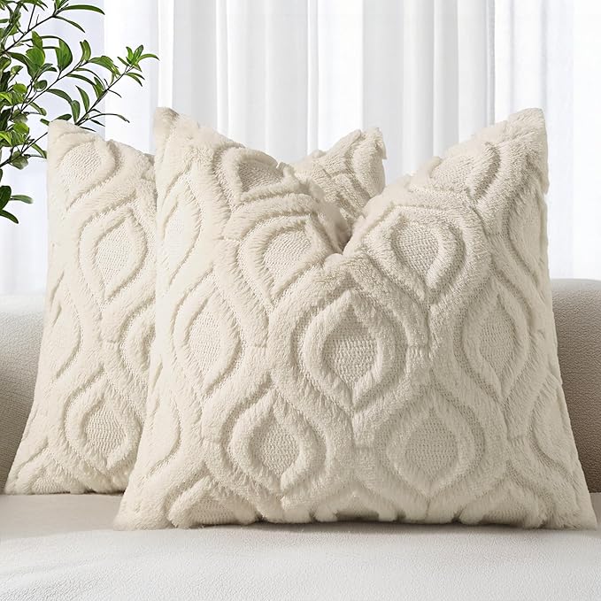 decorUhome Fall Throw Pillow Covers 22x22 Inch Set of 2, Soft Plush Decorative Faux Fur Beige Solid Couch Pillow Covers, Accent Farmhouse Neutral Square Euro Pillow Cases for Sofa Bed Living Room