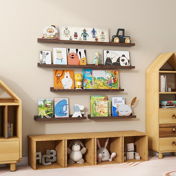 Floating Picture Ledge Shelves 48 Inch Solid Oak Wood Set of 2, Rustic Wall Storage Shelves with Lip, Kids Bookshelf, Photo & Picture Ledge Shelves for Bedroom, Living Room, Kitchen
