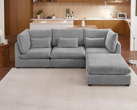 Oversized Modular Sofa, Extra Deep Cloud Chenille Sectional Couch with Ottoman Chaise, Fluffy Chenille 4 Seat L-Shaped Sofa for Living Room, Villa (L Shape 4 Seater, Chenille Grey)