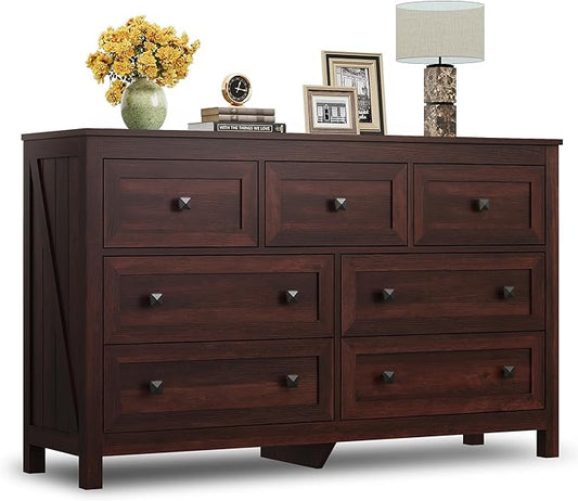 WLIVE Farmhouse Dresser for Bedroom, 51.18'' Wide 7 Drawer Wood Dresser, TV Stand for 65 inch TV, Wooden Chest of Drawers for Bedroom, Modern Clothes Organizer for Living Room, Hallway, Rustic Brown