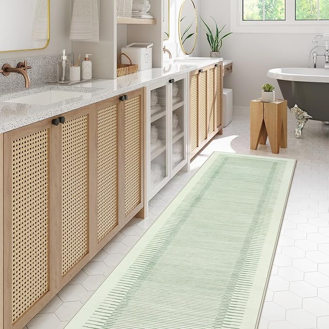 Wonnitar Washable Striped 8x10 Rugs for Living Room, Non-Slip Soft Sage Green Bedroom Rug, Low Pile Minimalist Floor Carpet for Nursery Playroom Dining Room Department (Green, 8' x 10')
