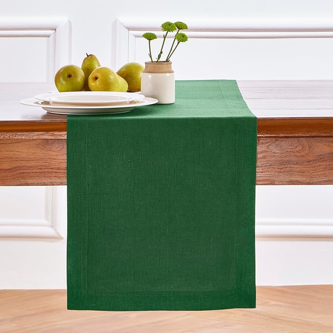Solino Home Linen Pine Green Table Runner 108 Inches Long - 100% Pure Linen 14 x 108 Inch Table Runner for Fall, Autumn, Thanksgiving - Fete