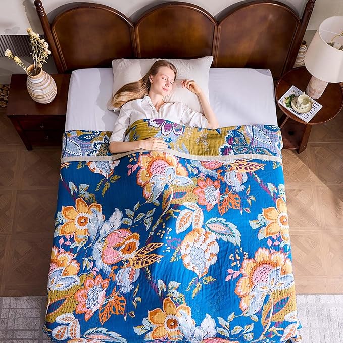 Boho Throw Blanket, Blue Lightweight Blankets for Summer, 100% Cotton Bohemian Decorative Throw Blanket, 80"x90" Reversible Muslin Breathable Woven Farmhouse Blankets Quilt,