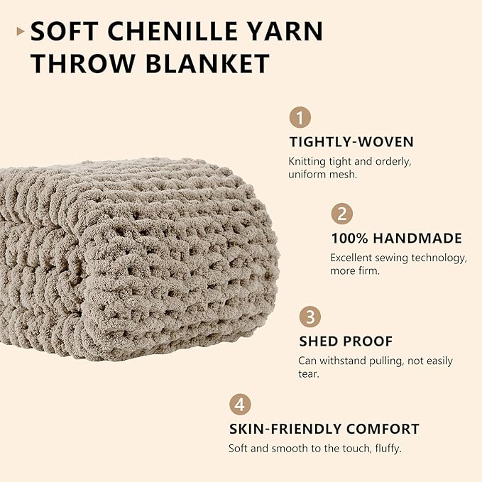 L'AGRATY Chunky Knit Blanket Throw: 72''x84'' Chenille Chunky Knitted Throw Blankets for Bed Couch - Handmade Thick Big Cable Knit Blanket - Large Crochet Rope Blankets for Home Decor(Light Linen)