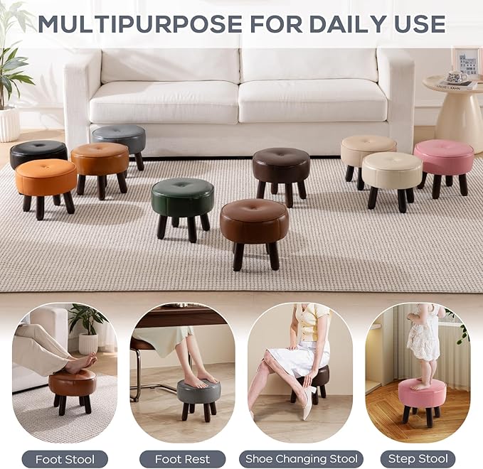 Ottoman, Small Foot Stool, Round Leather Pouf Ottoman, 13''L x 13''W x 10.2''H Foot Rest with Non-Skid Rubber Legs for Living Room Bedroom Couch Entryway, Grey