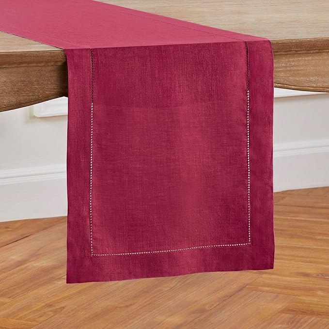 Solino Home Linen Table Runner 48 Inches - 100% Pure Linen Beet Hemstitch Table Runner 14 x 48 Inch Ideal for Dresser and Coffee Tables - Fall, Autumn, Thanksgiving - Classic Hemstitch