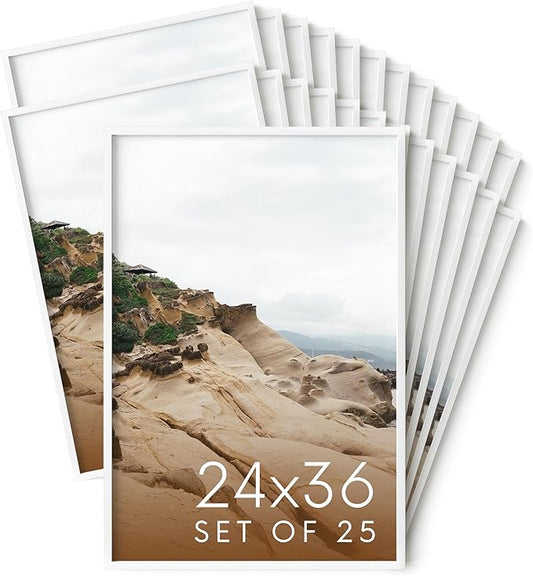 HAUS AND HUES 24x36 White Metal Picture Frames - Features Premium Aluminum, Vertical & Horizontal Hang, Shatterproof Plexiglass - Perfect for Home, Room, Office (24x36 in, White, Set of 25)