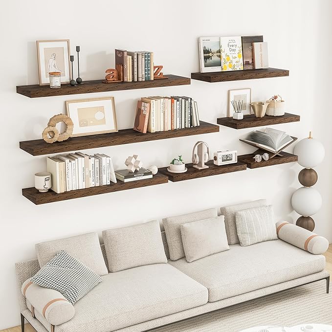 RICHFOCUS 16Inch Floating Shelves for Wall 2 Pack Shelves for Bedroom|Kitchen|Bathroom Wall Mounted Rustic Wood Floating Shelf with Invisible Brackets for Books|Storage|Decor, Rustic Brown