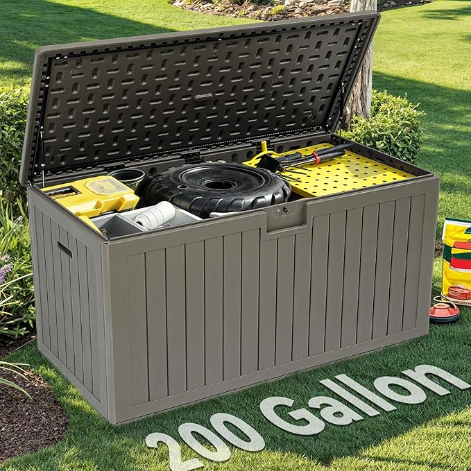 YITAHOME 200 Gallon Extra Large Deck Box, Double-Wall Resin Outdoor Storage Box with Flexible Divider for Patio Cushions Pool Supplies Garden Tools, 990 lbs Load Capacity, Lockable (Light Brown)