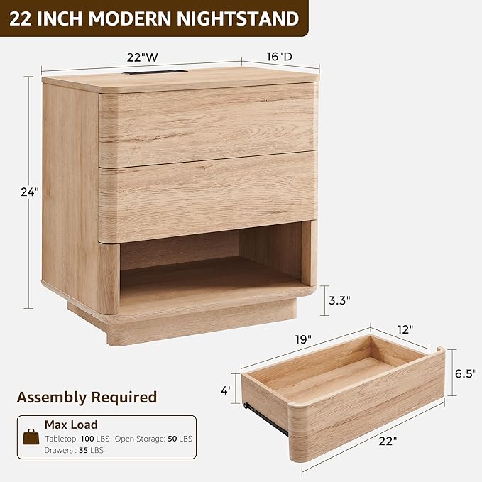 Nightstand with Charging Station, 22" Push-to-Open Bedside Table with 2 Storage Drawers, Large Modern End Table for Bedroom,Living Room,Natural Oak