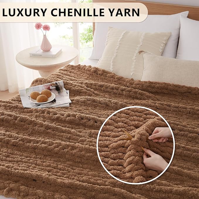 L'AGRATY Chunky Knit Blanket Throw - Soft Chenille Yarn Throw Blanket 40x50： Handmade Thick Cable Knit Crochet Blanke - Large Knit Blanket Chunky Rope Knot Throw Blanket for Couch Sofa Bed Home Decor