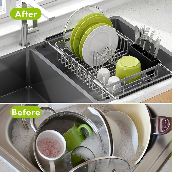 Dish Drying Rack in Sink, Expandable Stainless Steel Dish Drainer for Kitchen Sink, Dish Strainer Rack, Retractable Over Sink Dish Rack with Utensil Holder, 13.1''~16.6''D x 11.8''W, Silver