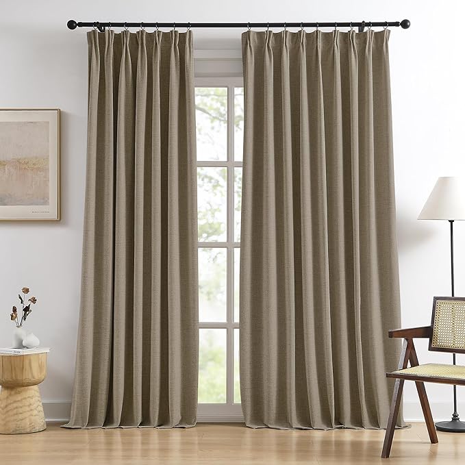 RAIN CITY Extra Wide Blackout Curtains 102 Inches Long 2 Panels Set,70 Inch Wide Back Tab Pleated Curtains with Hooks Track System,Energy Efficinet Drapes for Living Room Farm 70x102,Linen Brown