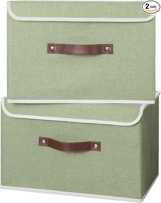 ANMINY 2PCS Storage Bins with Lid PU Leather Handles Storage Boxes PP Plastic Board Decorative Foldable Lidded Cotton Linen Fabric Home Cubes Baskets Closet Organizer Containers - Green, Large Size