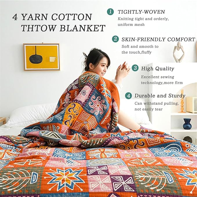 Boho Throw Blanket King Size Christmas Blanket 100% Cotton Blankets for Couch Bed, Cotton Quilts Muslin Bed Blanket 90''x 98'' Cozy Pre-Washed Decor Gift for All Seasons