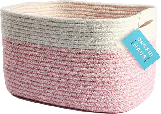 OrganiHaus Woven Storage Baskets for Organizing, Cotton Rope Organizer Bins for Shelves, Closet & Nursery, Dog Toy Basket, Decorative Bins for Toys, Towels & Books - 15x10x9, Pink/Off-White