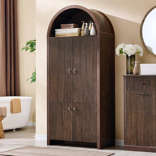 71" Tall Arched Bathroom Storage Cabinet, Modern Fluted Storage Cabinet w/Doors, 3 Adjustable Shelves, 6 Door Shelves, Wood Freestanding Cabinet for Bathroom, Entryway, Hallway, Brown