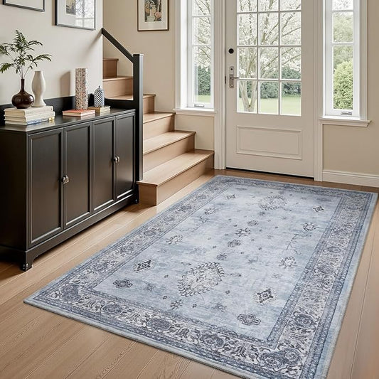 AMOAMI-Vintage Area Rug 4x6 Blue Rugs for Living Room-Soft Living Room Rug Non Slip Rugs for Bedroom Carpet Machine Washable Rug for Dining Room Bedside Office Room Decor