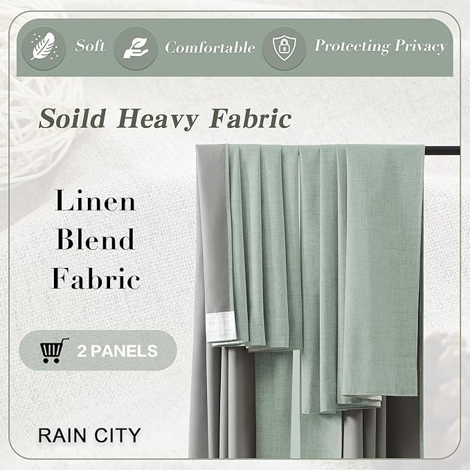 RAIN CITY Light Green Linen Blackout Curtains 45 Inch Long for Living Room,2 Panels Pinch Pleated Drape with Hooks Back Tab Boho Decor, Textured Full Black Out Curtains for Bedroom 50 x 45