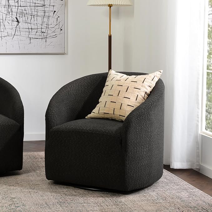 KINWELL 32" Wide Modern Boucle Swivel Barrel Chair, No Assembly Round Upholstered Swivel Accent Armchair for Living Room, Bedroom, Office (Black)