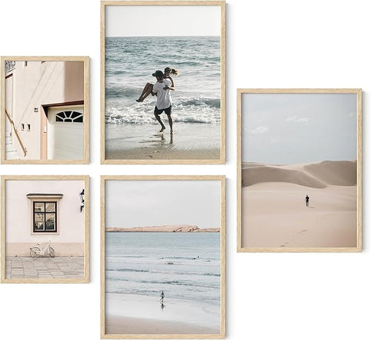 HAUS AND HUES Collage Frames For Wall - Set of 5 Photo Gallery Frames, Picture Frames Collage Wall Decor, Assorted Photo Frame Set, Stair Picture Frame Set Wood, (Two 8x10, Three 12x16 Beige)