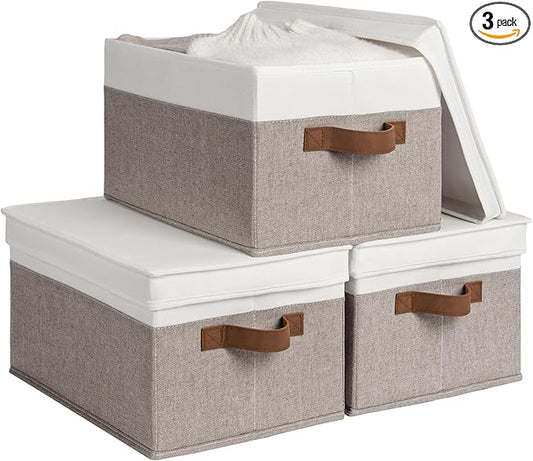 StorageWorks Large Storage Bins with Lids, Decorative Storage Boxes with Lid and PU Handles, Foldable Storage Baskets for Closet, Shelves, Stackable, Brown and White, 3-Pack
