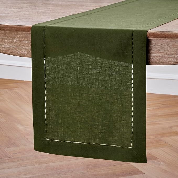 Solino Home Olive Linen Table Runner 156 Inches Long - 100% Pure Linen Classic Hemstitch Table Runner 14 x 156 Inch for Wedding, Parties, Fall, Autumn, Thanksgiving