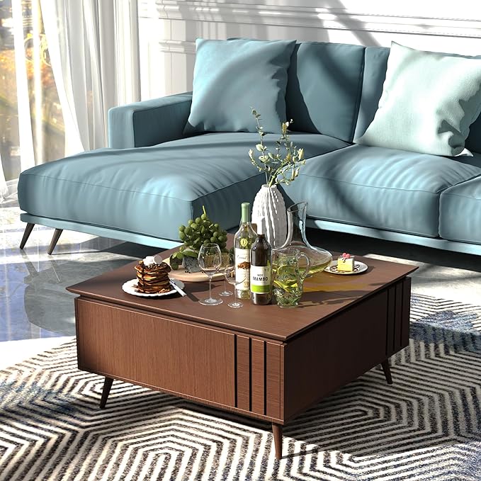 36.2" Lift Top Coffee Table with Storage, Large Square Coffee Tables with Hidden Compartment, Mid Century Modern Center Table for Home Office,Living Room,Dark Walnut