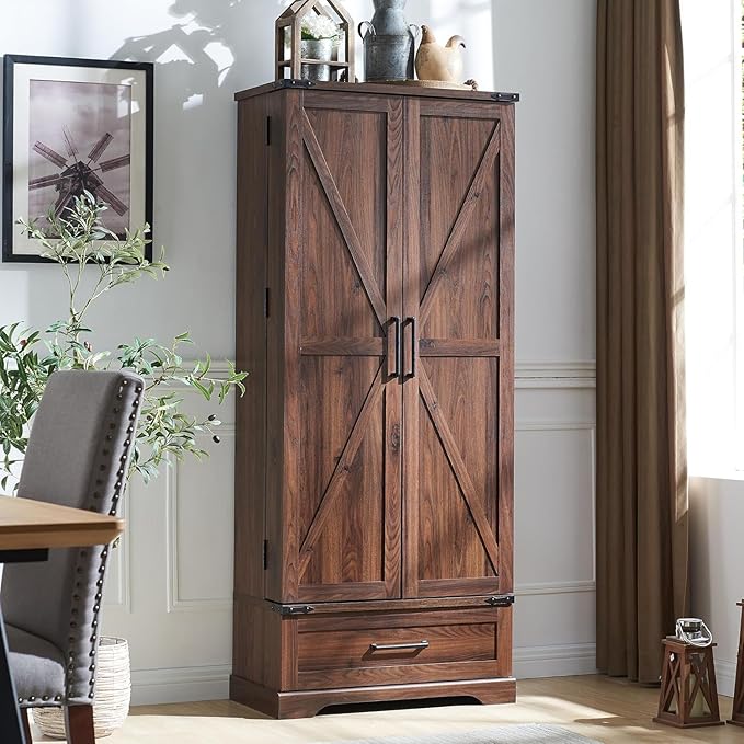 72‘’ Farmhouse Kitchen Pantry Cabinet with Drawer, Tall Storage Cabinet with 2 Barn Doors and Shelves, Versatile Large Rustic for Dining Room, Bathroom, Living Room, Laudry, Brown