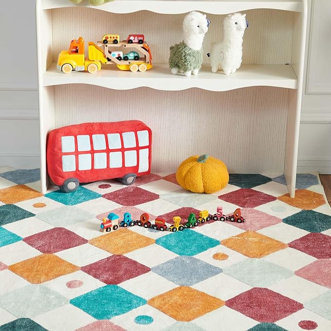 jinchan Area Rug 3x5 Kids Washable Indoor Floor Cover Non-Slip Modern Soft Rug Elementary School Classroom Colorful Diamond Carpet for Nursery Playroom Daycare Bedroom Living Room Confetti on Cream