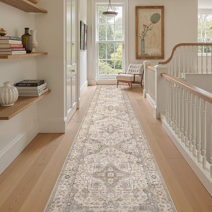 Washable 3x20 Runner Rug - Area Rugs Neutral Vintage Distressed Floral Farmhouse Boho Large Soft Floor Rug Indoor Carpet for Hallway Entryway Home - Brown/Multi