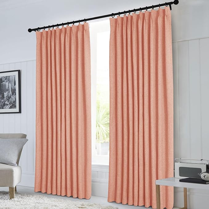 Macochico Extra Wide 100% Blackout Linen Curtains for Sliding Door Pleated Curtains with Hooks Insulated Soft Linen Drapes for Bedroom Living Room with Tieback Orange 100”Wx84”L 1 Panel