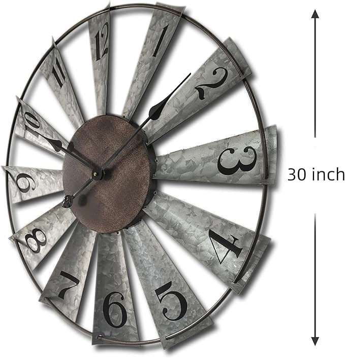 Mrocioa 30inch Windmill Distressed Metal Wall Clocks Rustic Large Decorative Clock Oversized Farmhouse Decor,Non Ticking,Battery Operated
