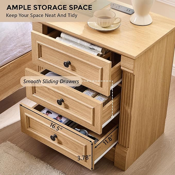 26" Tall Farmhouse Nightstand Set of 2, 3 Drawers End Table w/Charging Station, 23.6" Wide Large Side Table w/Roman Column, Wood Rustic Sofa Table for Bedroom, Natrual