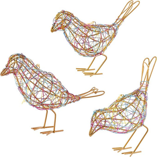 Modern Table Decor Set of 3 - Handmade Metal Bird Sculptures with Colorful Wire Weaving, Multi-Pose Rustic Home Accent & Christmas Tree Ornaments