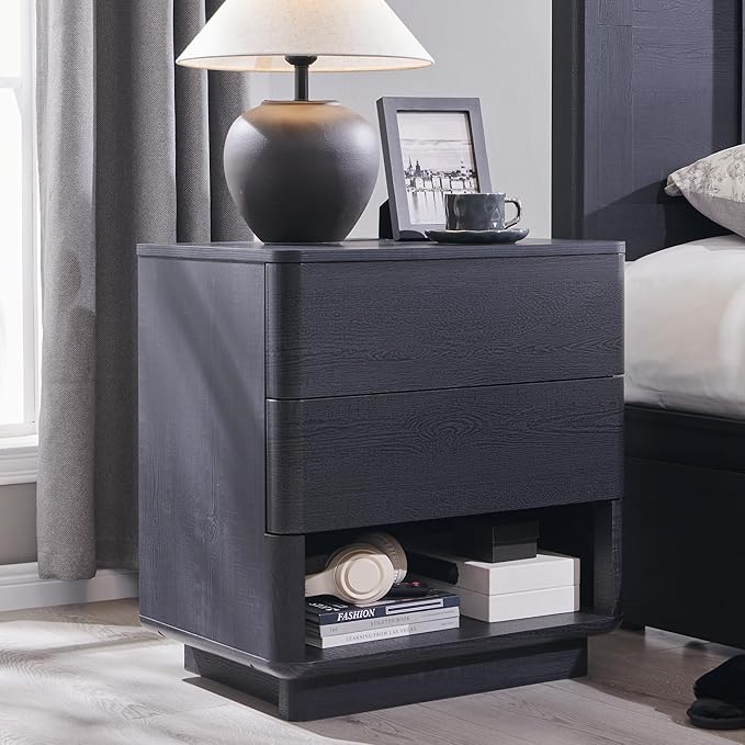 Nightstand with Charging Station, 22" Push-to-Open Bedside Table with 2 Storage Drawers, Large Modern End Table for Bedroom,Black