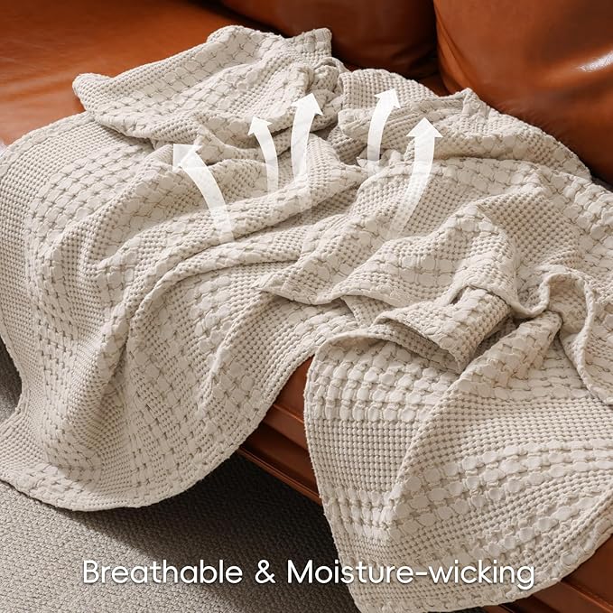 PHF 100% Cotton Waffle Weave Blanket Queen Size, Soft Lightweight Breathable Cozy Summer Blankets for Bed, Luxury Aesthetic Woven Bedding for Home Decor, 90"x90", Oatmeal