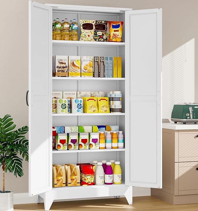 75" Tall Pantry Cabinet,Farmhouse Kitchen Pantry Storage Cabinets with 2 Doors and 5 Shelves,White Metal Storage Cabinet,Large Cupboard for Home,Kitchen,Dining/Living Room