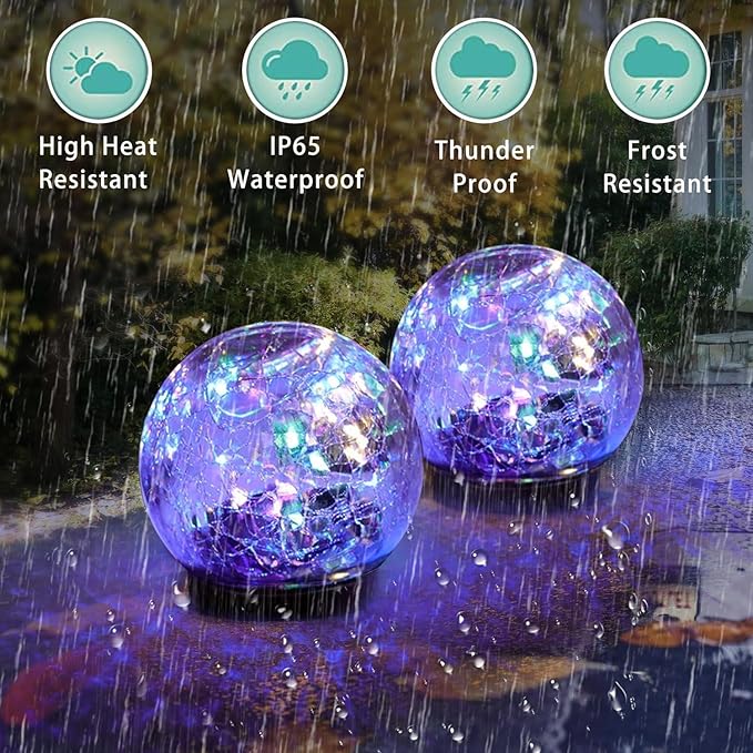 Solar Garden Lights Outdoor Waterproof, 4 Pack Cracked Glass Ball Light, Ground Landscape Garden Decor, Solar Globe Decorative for Pathway/Patio/Lawn/Yard (Multicolor, 4.7")