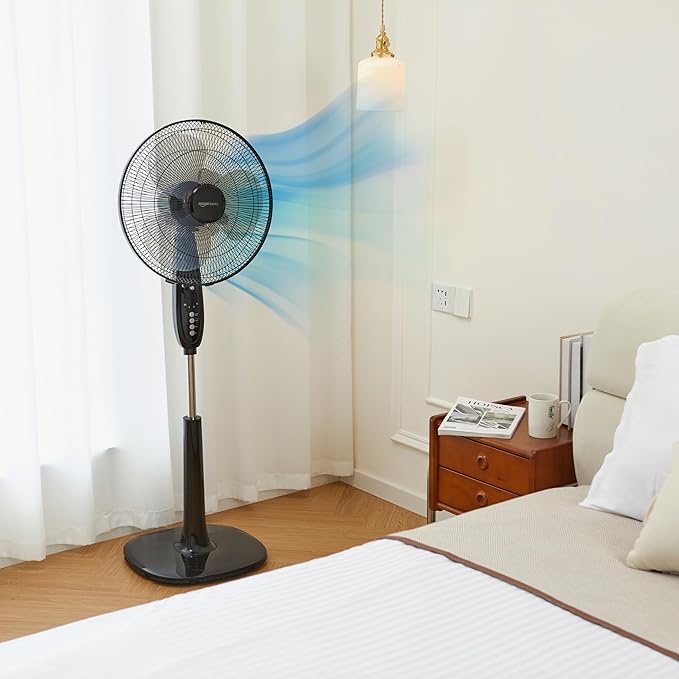 Amazon Basics 16" Pedestal Fan with Remote, Floor Fan, Standing Fan for Bedroom, Living Room, Office, with 3 Speeds, 3 Modes, Timer, Dual-Layered Blades, Adjustable Height, Tilt Head, 60W, Black